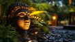 © HambaTuhanImages - Serene Buddha statue illuminated by warm lights amidst lush greenery and stones.