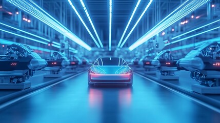 Fototapete - An electric car on an assembly line in a futuristic factory.