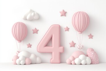 4th birthday background, pink number 4 balloons and birthday decoration
