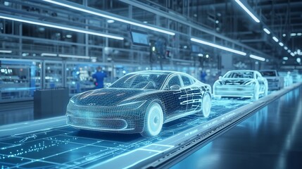 Fototapete - Cars moving along an assembly line in a factory.
