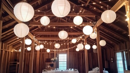 Wall Mural - Rustic barn decorated with white Chinese paper lanterns, enhancing the romantic atmosphere of a DIY wedding reception.