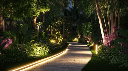 Wall Mural - Softly lit pathway in a modern garden, lush greenery and clean lines creating a balanced and inviting landscape design.