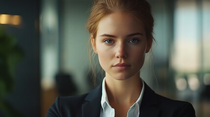 Poster - Professional Portrait of a Serious Woman in Office Setting