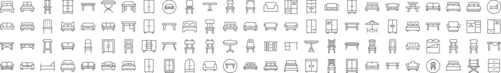 Collection of Icons of Wardrobe, Bed, Sofa, Table, Chair Drawn with Thin Line for apps, web sites, banners, infographics and other types of design