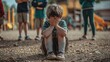 © Oscar - A little boy sitting on the ground with his face covered by his hands, looking upset, while a group of classmates stands around him, some pointing and laughing.