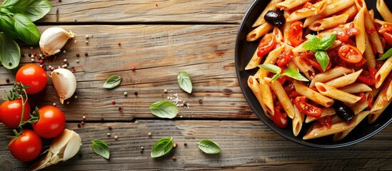 Sticker - An Italian dish of penne pasta with tomato sauce and assorted vegetables displayed on a rustic wooden surface with room for text in the image. with copyspace image