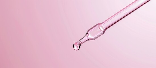 A close up of a glass pipette filled with clear liquid on a soft pink background providing room for text with a copy space image