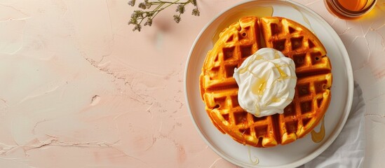 Wall Mural - Healthy vegetarian sweet potato waffles paired with natural yogurt in a visually appealing copy space image