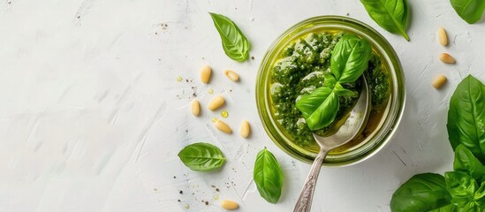 Sticker - Top down view of a delicious jar of pesto sauce with a spoon pine nuts and fresh basil on a white table ideal for adding text with copy space image