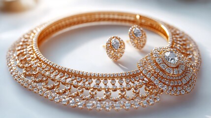 Wall Mural - radiant 3d gold jewelry set a detailed necklace and diamond earrings shining brightly against a whit
