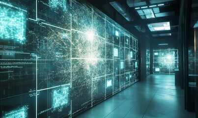 Fototapete - Futuristic server room with glowing digital interfaces on the wall.
