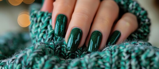 Green line design on woman s short nails in an emerald sweater at a beauty salon s nail tech table providing a copy space image