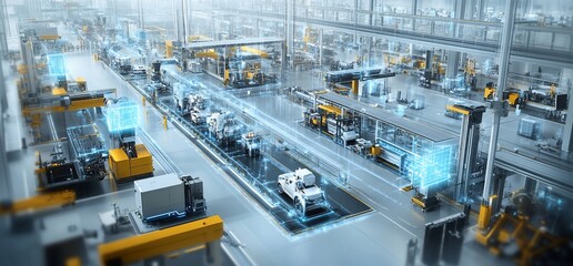 Poster - Modern automated factory with assembly line and robots.