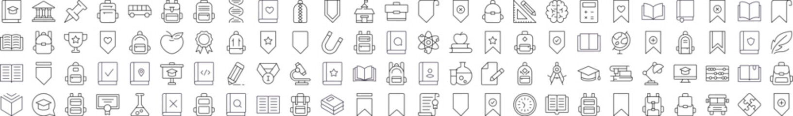 Poster - School, College, University Bundle of Related Line Icons. Editable Stroke for Design, Web Sites, Apps, Cards. Contains Linear Images of Backpack, Bookmark, Book, Clock