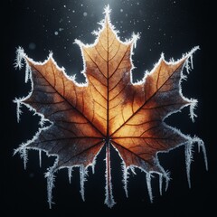 Autumn maple leaf with frozen edges on a black background with falling snowflakes. Decor element, Christmas, New Year concept, postcard.