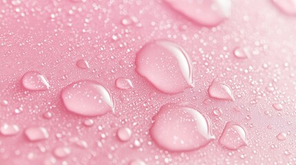 Wall Mural - water droplets on a pink surface with soft focus and light reflections generative ai