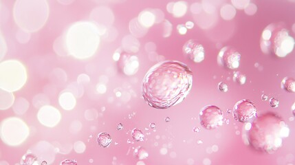 Wall Mural - water droplets on a pink surface with soft focus and light reflections generative ai