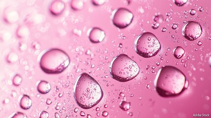 Wall Mural - water droplets on a pink surface with soft focus and light reflections generative ai