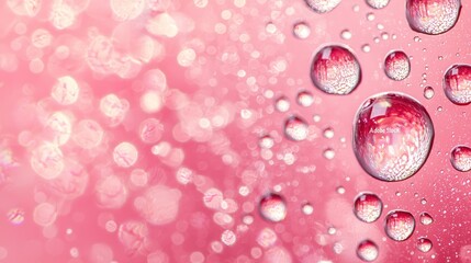 Wall Mural - water droplets on a pink surface with soft focus and light reflections generative ai