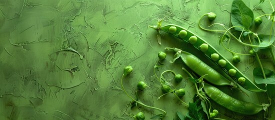 A vibrant top view copy space image of fresh organic green peas and pea pods against a green backdrop showcasing the beauty of the vegetable harvest and healthy vegetarian food