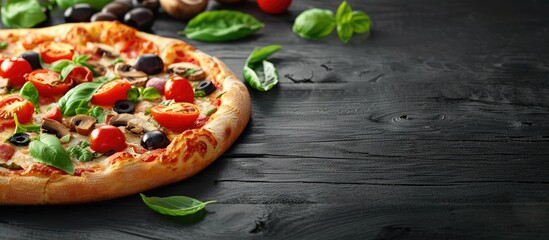 Sticker - Close up of a tasty pizza topped with tomatoes mushrooms olives and basil on a black wooden surface with copy space image