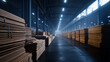© Maksym - A panoramic view of a factory floor lined with towering stacks of pine wood planks, organized with laser precision, as industrial robots handle the raw materials effortlessly.