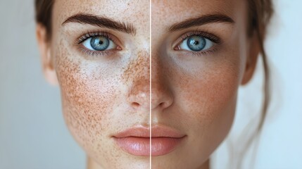 Melasma pigmentation treatment comparison, showing a woman's face with dark spots before and the clear, even complexion after successful treatment