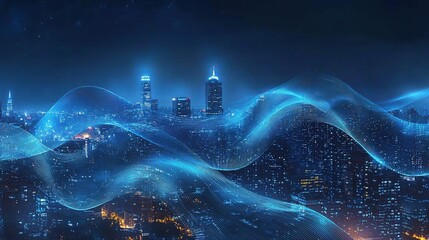 Poster - Night Cityscape with Light Trails and Waves