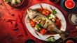 © Gular - Sea bass or Spigola fish Branzino steamed with ginger red peppers in soy sauce in Cantonese style in the red terracotta table Chinese New Year festive table in Cantonese style Flat lay