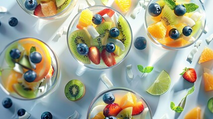 Fruit salad in glasses fresh summer foods healthy organic orange kiwi blueberries pineapple coconut top view