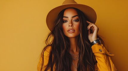 A stunning woman poses gracefully, wearing a stylish hat against a vibrant yellow background, embodying elegance and sophistication with a modern flair.