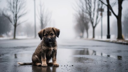 Sad and abandoned puppy on the street in winter.