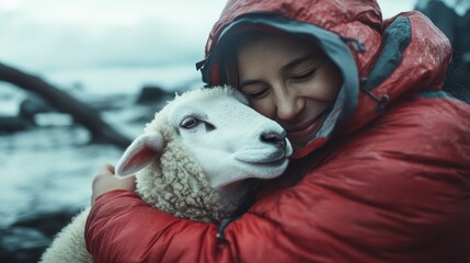 A woman dressed warmly embraces a sheep, showcasing a bond with nature. The gentle and peaceful setting reflects warmth and compassion on a cold day.