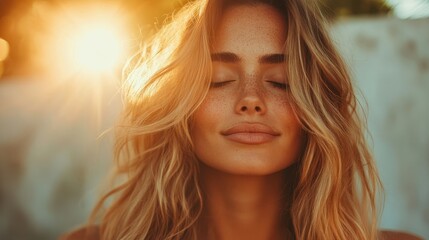 A woman with golden hair stands, eyes closed, basking in the warm, glowing light of a setting sun. Her expression conveys deep calm and contentment.