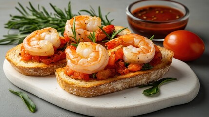 Crispy bread slices topped with succulent shrimp, diced tomatoes and fresh greens make this savory dish visually and gastronomically appealing, adding vibrant color.