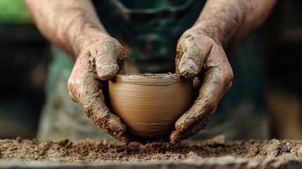 A close-up shot of a potter's hands masterfully forming a clay bowl, showcasing the tactile interaction and artistry involved in traditional pottery craftsmanship.