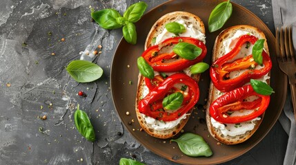 Open sandwiches with cream cheese baked sweet pepper and fresh basil on a brown plate Italian Cuisine Red pepper snacks Top view copy space