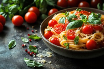 Fresh spaghetti with cherry tomatoes and basil served in a rustic bowl on a textured surface