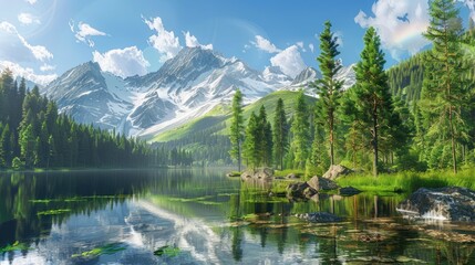 Taiga summer landscape The purest mountain lake in the forest Reflection of trees in the water Sunny afternoon on the shore of a mountain lake snow on the slopes are melting Panoramic view