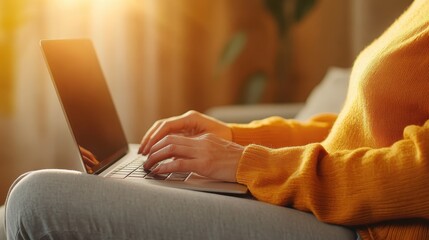 A close-up view shows hands typing on a laptop, the person wearing a cozy yellow sweater, basking in warm natural light, showcasing modern digital lifestyle.