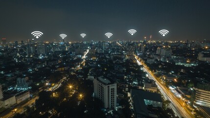 Fototapete - Conceptual city with internet of things and connected lines