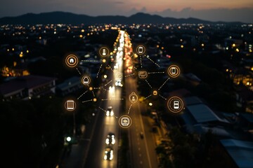 Poster - Smart city concept. Icon mesh against traffic night background.