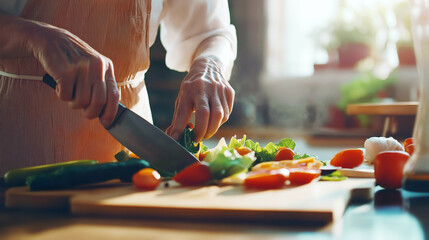 Wall Mural - A senior woman skillfully prepares fresh vegetables in a bright kitchen. 