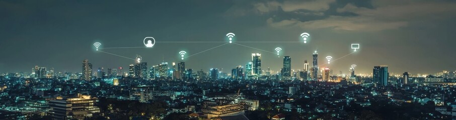 Fototapete - Skyline view from above with smart services, icons, the internet of things, networks and augmented reality concept. Bright sunrise scene early in the morning.