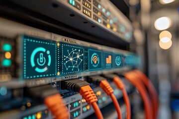 Fototapete - An illustration of an Internet of Things concept on a server room background. Diagrams of ICT - information and telecommunication technology.