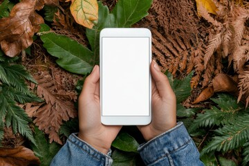 Canvas Print - Stylish mockup image of a woman sitting on the ground with a white mobile phone and a blank desktop screen