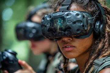 Wall Mural - A virtual reality headset and gamepad are used by a man and woman in a dark room in which they are playing a virtual reality game