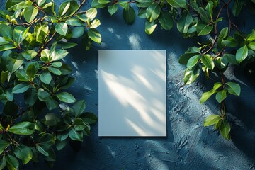 Aufkleber - An empty white vertical rectangle poster mockup with soft hawthorn leaves shadows on a light grey concrete wall background. This is a flat lay, top view.
