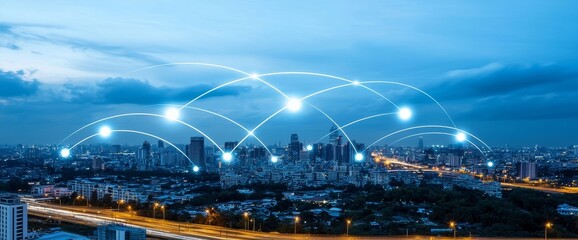Poster - This concept combines a smart city and abstract dot point design with a gradient line and a complex wave line design, with a big data connection technology concept.