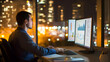 © Gita - man working late in a modern office, analyzing data on dual monitors, with a city skyline illuminated at night in the background. Ideal for business, technology, or analytics themes.
